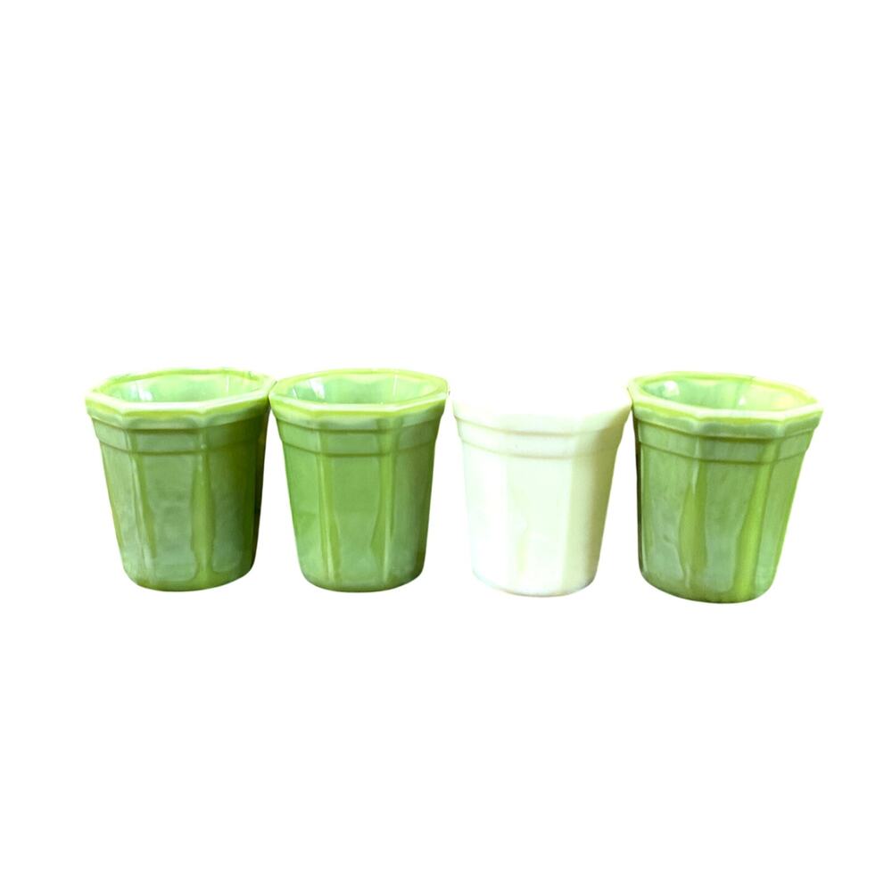 Set 4 Vintage 1930s Akro Agate Green Slag Jadeite Shot Drink Glasses 2"